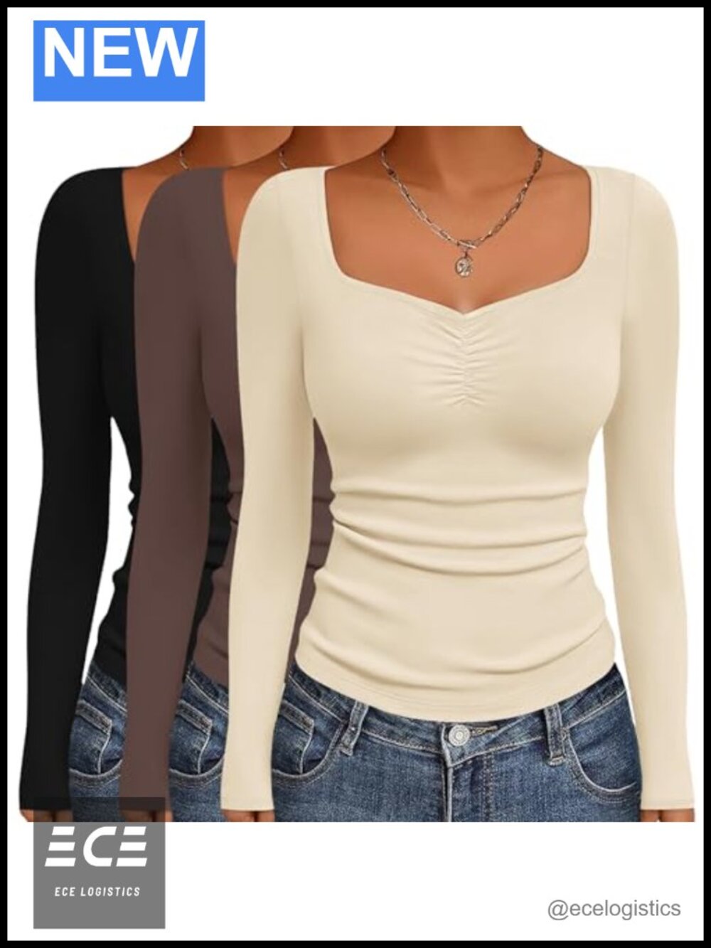 Ekouaer Women's 3Pack Long Sleeve Fitted Sweetheart Neck T-Shirts
